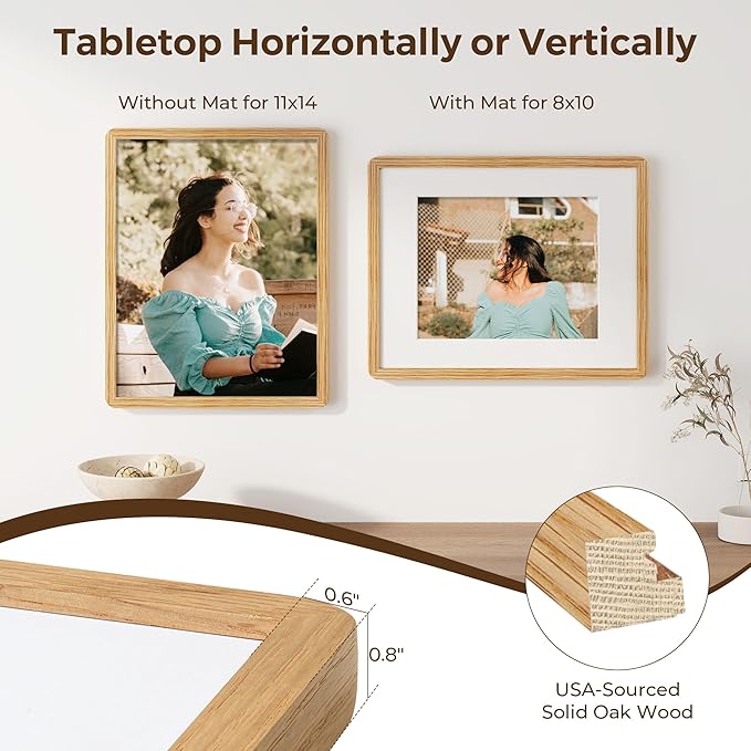 11x14 Picture Frame, Solid Oak Wood Frame 11 x 14 for Wall, Rustic Wooden Frames 11 by 14 with Tempered Glass, 11x14 Frame with Mat for 8x10, Home Decor Photo Frames 11"x14", Natural Oak Color, 3 Pack