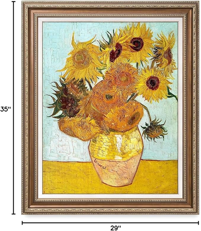 DECORARTS - Twelve Sunflowers, Vincent Van Gogh Art Reproduction. Acid Free Cotton Canvas Giclee Print w/Bronze Frame&Mat for Wall Decor.
