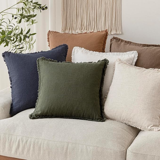 Foindtower Set of 2 Decorative Linen Fringe Throw Pillow Covers Boho Farmhouse Cushion Cover with Tassels Soft Accent Pillowcase for Couch Sofa Bed Living Room Home Decor,26×26 Inch,Dark Olive Green