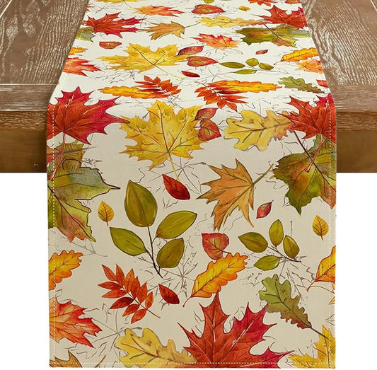 GEEORY Fall Table Runner 13x72 Inch, Maple Leaves Rustic Thanksgiving Farmhouse Decor Table Decoration for Kitchen Dinning, Indoor Outdoor Dinner Party (Orange Red Green Leaves) GT115-72