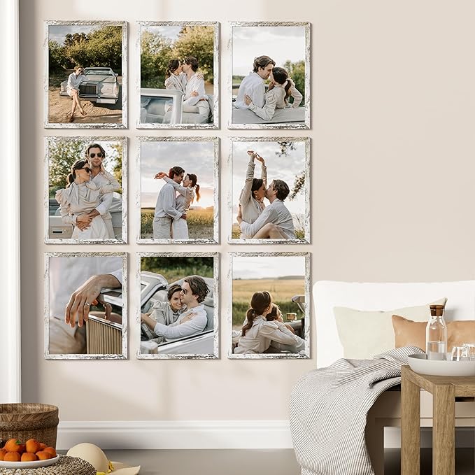 Vittanly 12x16 Picture Frames Set of 9, Shatter Resistant Plexiglass, Display 11x14 Pictures with Mat or 12x16 without Mat, Photo Frames for Wall Mount, Engineered Wood, Distressed White
