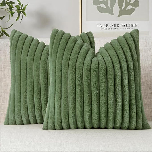 MIULEE Faux Fur Large Decorative Throw Pillow Covers 24x24 Inch Set of 2, Modern Spring Home Decor Soft Plush Couch Pillows Cozy Fluffy Cushion Covers for Sofa Bed Moss Green