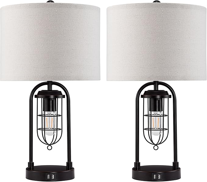Kyrid 21'' Table Lamps Set of 2 with Night Light and USB Port Industrial Modern Nightstand Lamp Set (Bulbs Included)