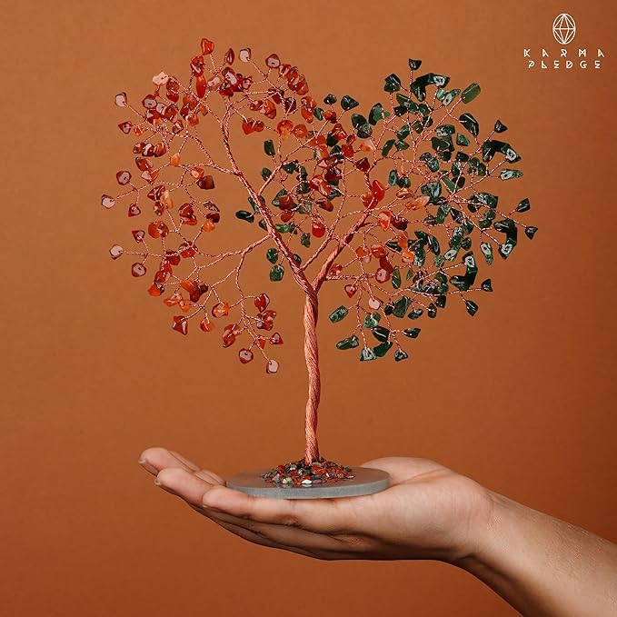 Crystal Tree for Home and Office Decoration, Carnelian & Green Aventurine Healing Stones Handmade Tree of Life for Positive Energy, Money, Good Luck, Christmas Decor, Birthday Gifts for Women, Mom
