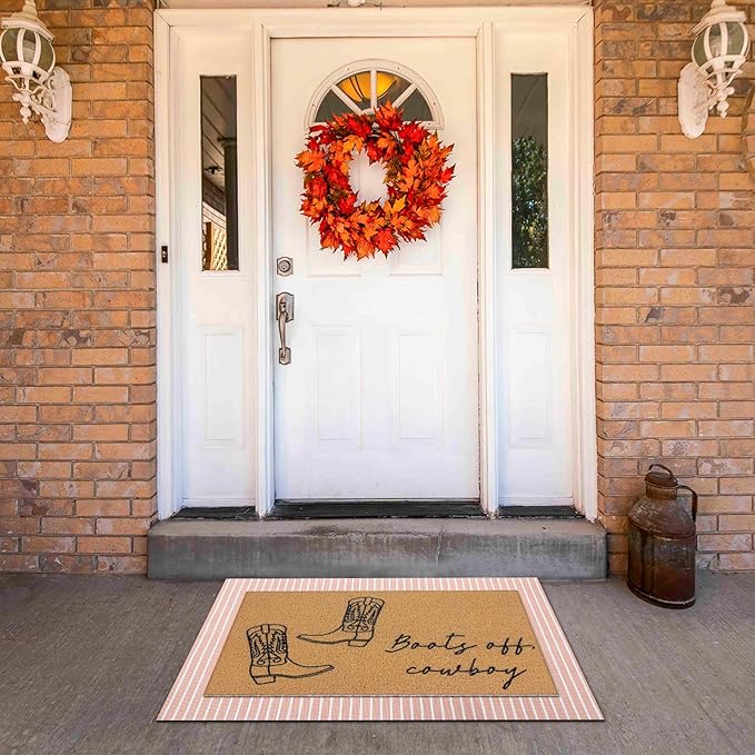 2 Pcs Fall Door Mat Western Cowboy Welcome Non Slip Coir Mats Pink Stripe Floor Layering Doormats Seasonal for Front Porch Entryway Decor(Cowboy)
