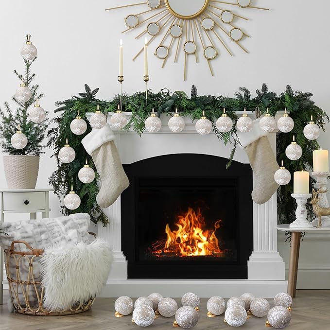 12 Pcs Neutral Textured Christmas Ball Ornaments 2.36'' Vintage Christmas Tree Decor Modern Rustic Brown Ornaments with Loop Shatterproof Hanging Ball for Xmas Farmhouse Decor (Beige)