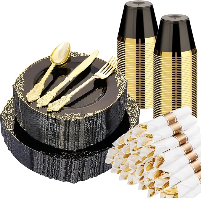 350 PCS Black and Gold Plastic Plates, Disposable Dinnerware Set for 50 Guests, 100 Disposable Plates, 150 Silverwares, 50 Cups, 50 Napkins for Wedding, Party, Graduation