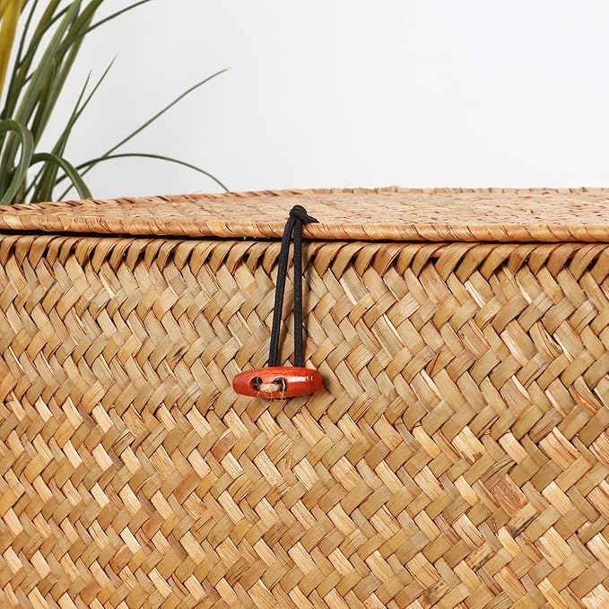 Wicker Shelf Baskets with Lid,Natural Seagrass Storage Basket Boxes Handwoven Rectangular Baskets Bins Multipurpose Home Organizer Decor (Large+Medium+Small)