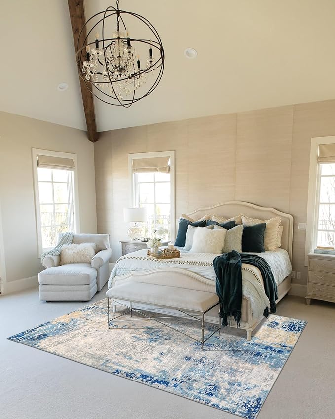 Lahome Modern Abstract Washable Area Rugs 5x7, Soft Living Room Rug Non Slip Stain Resistance, Faux Wool Floor Carpet for Bedroom Dining Room Nursery Kids Playroom,Blue/Grey