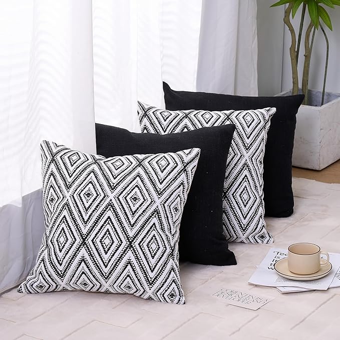 HPUK Decorative Throw Pillow Covers Set of 4 Geometric Design Linen Cushion Cover for Couch Sofa Living Room, 18"x18" inches, Black