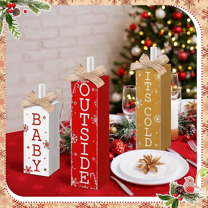 3 Pcs Winter Tiered Tray Decor Christmas Tabletop Decor Rustic Farmhouse Wooden Table Block Sign and Centerpieces It's Cold Outside Sign for Winter Wonderland Decorations Xmas Home Shelf