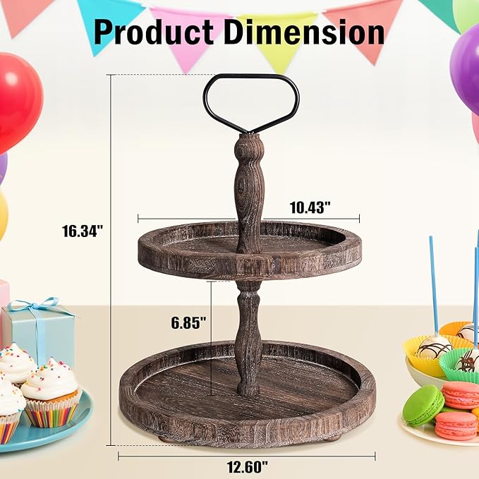 Mustry Rustic Wooden 2 Tiered Tray, Round Farmhouse Kitchen Table Decor Serving Tier Tray, Food Fruits Cupcake Display Coffee Bar Home Party Seasonal Decorations (Brown)