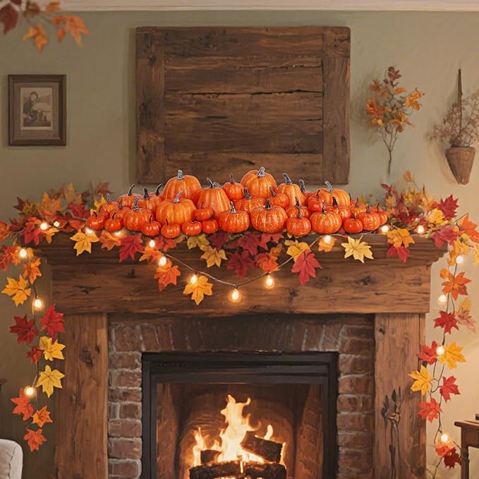winemana 46 Pcs Assorted Size Artificial Pumpkins Fall Decorations, Orange Foam Pumpkin Autumn Decor, Decorative Faux Pumpkin for Harvest Thanksgiving Table Centerpiece Mantle Bowl Wedding Party