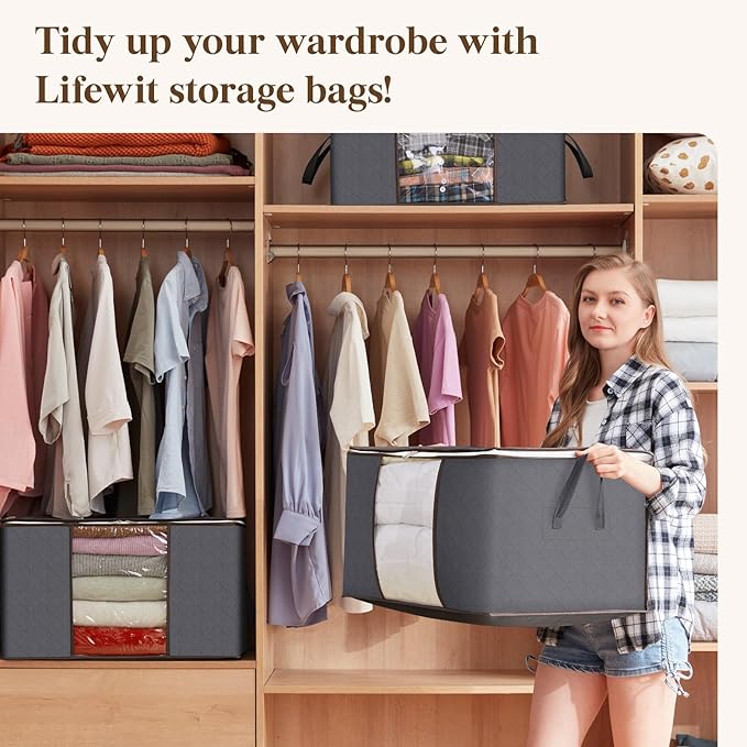Lifewit 6 Pack Clothes Storage Bins with Lids, Foldable Blanket Storage Bags with Zippers, Clear Window and Reinforced Handles, Closet and Organization for Clothing, Sweater, Comforter, Bedding, Gray