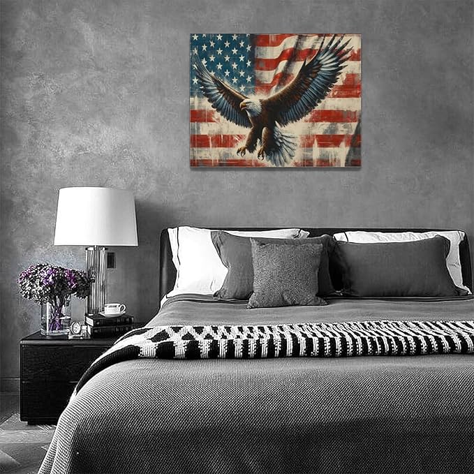 Large Bald Eagle Wall Art American Flag and Eagle Pictures Wall Decor Patriotic Motivational Bedroom Sign Canvas Painting Prints Modern Home Decoration Artworks Framed for Living Room Office 16"x12"