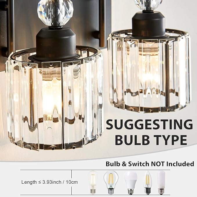Bathroom Vanity Light Fixtures Over Mirror - Makeup Lighting Black - for Modern Wall, Bath, Desk, Farmhouse, Hallway (3 Crystal Lights)
