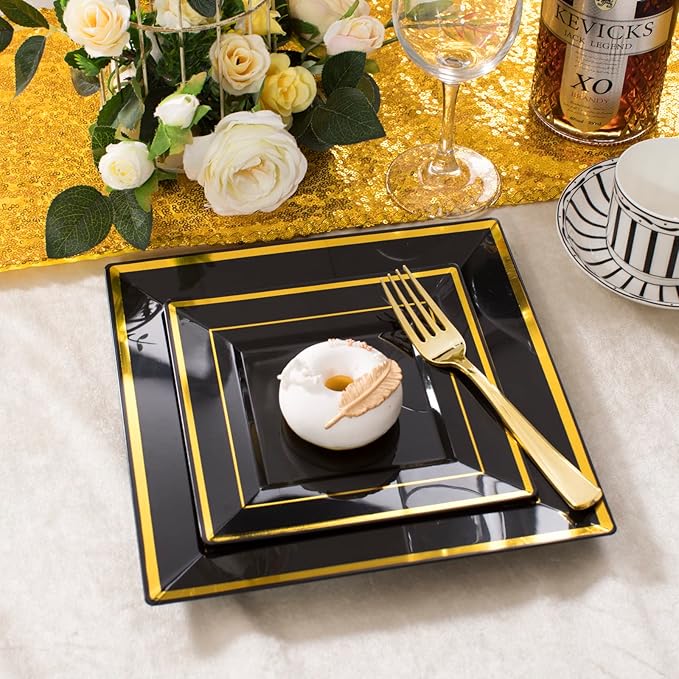 WDF 125Pieces Black Square Plastic Plates with Gold Rim Gold Disposable Silverware - include 25Pcs Dinner Plates,25Pcs Dessert Plates,25 Forks, 25 Knives, 25 Spoons for Halloween