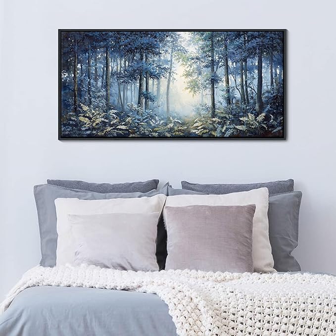 Forest Canvas Wall Art for Living Room - Navy Blue Bedroom Wall Art, Landscape Pictures Wall Decor, Forest Painting, Framed Nature Tree Artwork Walls 20×40IN