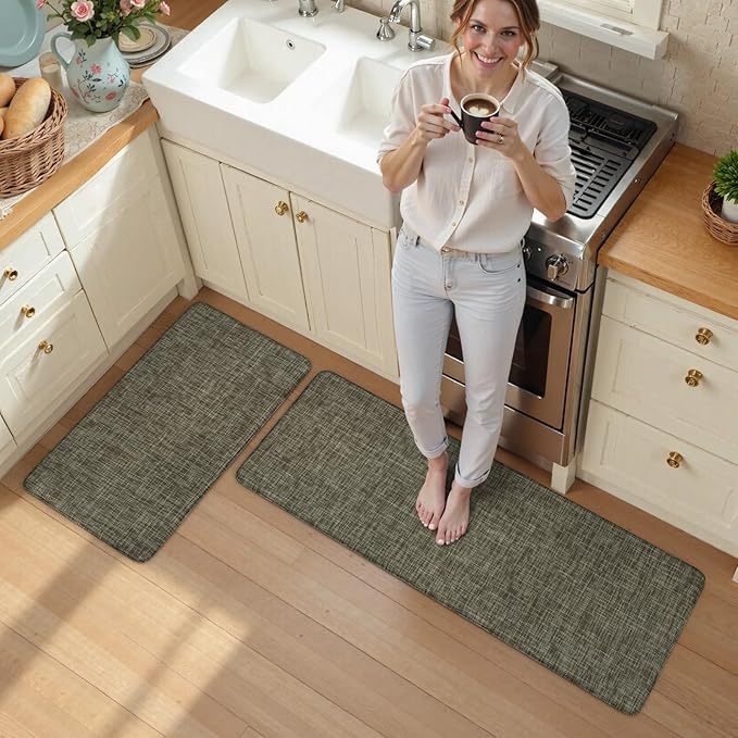 KIMODE Kitchen Mats Cushioned Anti Fatigue, Farmhouse Kitchen Rugs 17"x47"+17"x29", Non Slip Kitchen Mats for Floor, Padded Kitchen Floor Mats for Sink Laundry Office Desk Brown/Green