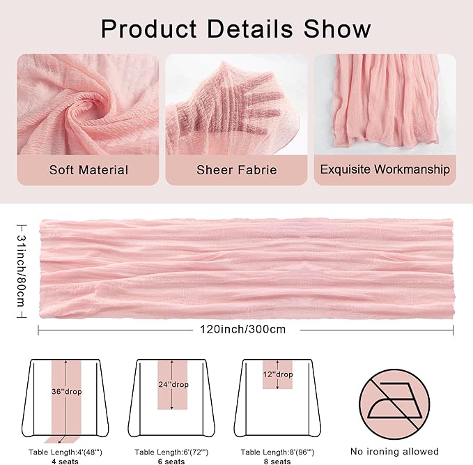 FEXIA Pink Table Runner 30x118 Inches for Spring Easter Decor Dusty Pink Cheesecloth Table Runner for Tea Party Decorations Gauze for Wedding Baby Shower Bridal Shower First Communion and Home Decor