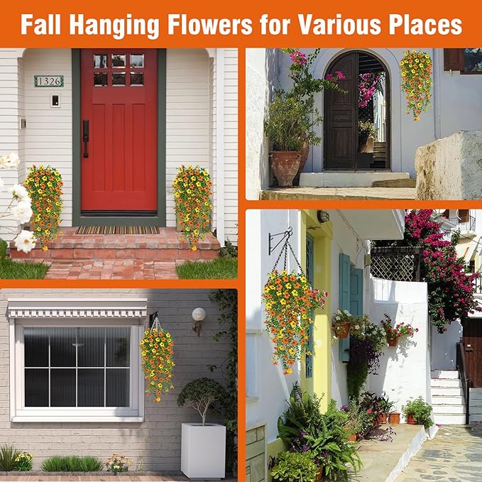 4 Pcs Fall Artificial Hanging Flowers for Outdoors,Fake Hanging Plants,Artificial Mums for Outdoors,Fall Decorations for Home,Outdoor Fall Decor(Orange&Yellow)