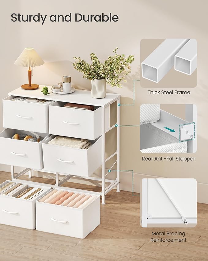 SONGMICS Dresser for Bedroom, Chest of Drawers, TV Stand, Steel, MDF, 6 Non-Woven Fabric Drawers, Storage Organizer Unit, Closet, Entryway, Cloud White and Snow White ULGS123W01S