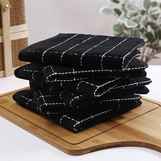 Homaxy 100% Cotton Terry Kitchen Dish Cloths, Ultra Soft and Absorbent Dish Towels for Kitchen, Suitable for Drying and Washing Dishes, 12 Pack, 12 x 12 Inches, Black