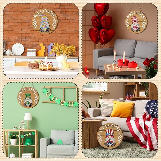 Qunclay Interchangeable Wooden Gnome Decor Holiday Seasonal Gnome Decorations with Magnet Pieces and Detachable Hats Changeable Welcome Sign for Home(Fresh Style)