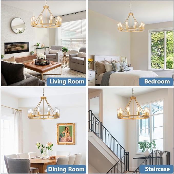 9MMML Gold Wagon Wheel Chandelier, 10-Light Industrial Pendant Light, 26.7'' Farmhouse Ceiling Hanging Chandelier Light Fixture for Living Room, Bedroom, Entryway, Foyer