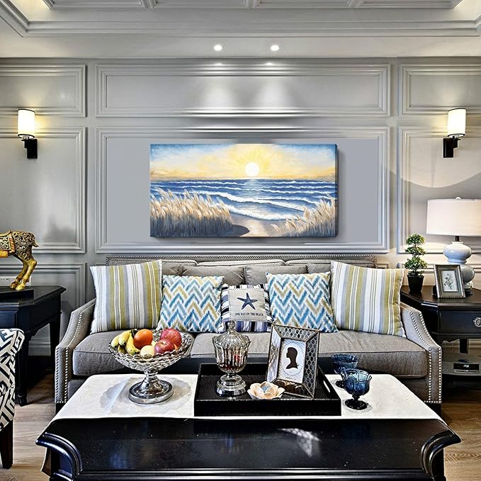 Ocean Canvas Wall Art for Living Room Seaside Sunset over the Beaches Coastal Reeds Blue Sea Waves Calm Seascape Painting Seashore Nature Landscape Artwork for Home Bedroom Office Decor 48x24inch