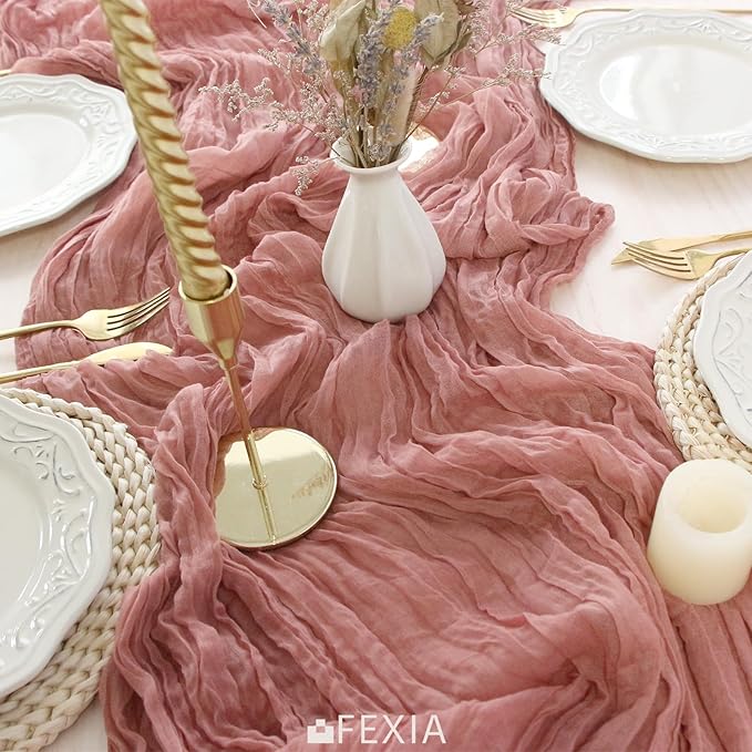 FEXIA Dusty Rose Pink Table Runner Cheesecloth for Valentines Day Decorations 35x120 Inches Spring Easter Table Runner for Wedding Decor Reception Bridal Shower Centerpiece Engagement Decoration
