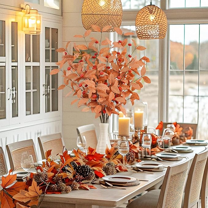 Uieke 8PCS Artificial Fall Eucalyptus Stems, 27.5inch Fall Flowers with Orange Red Pumpkin Berries Long Stems for Vase Home Wedding Florals Arrangement Autumn Thanksgiving Decor