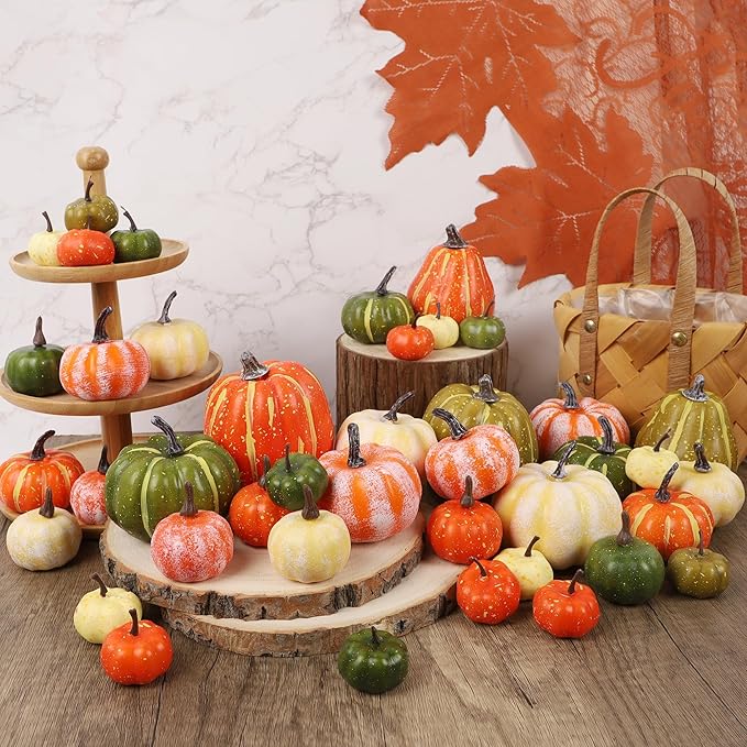 winemana 46 Pcs Assorted Size Artificial Pumpkins Fall Decorations, Mixed-Color Foam Pumpkin Autumn Decor, Decorative Faux Pumpkin for Thanksgiving Table Centerpiece Mantle Bowl Wedding Party