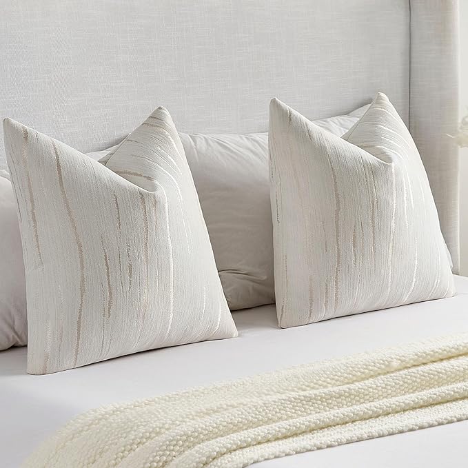 FUTEI Cream Chenille Decorative Throw Pillow Covers 26x26 Inch Set of 2,Soft Embossed Striped Textured Euro Pillow Shams,Modern Home Decor for Couch Bed Living Room