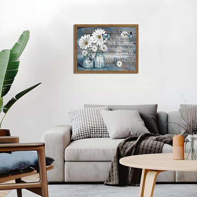 Wood Framed Daisy Butterfly Wall Art, Blue Rustic Farmhouse Canvas Wall Decor Paintings, Inspirational Flower Still Life Posters Prints Pictures for Kitchen Bathroom Home Decor 12x16 Inch