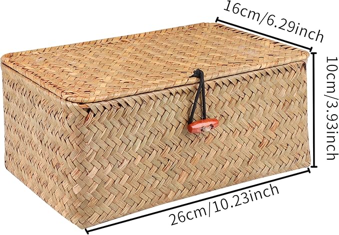 Wicker Shelf Baskets with Lid,Handwoven Seagrass Basket for Storage Basket Bins Rectangular Home Organizer Gift Boxes (Natural Large)