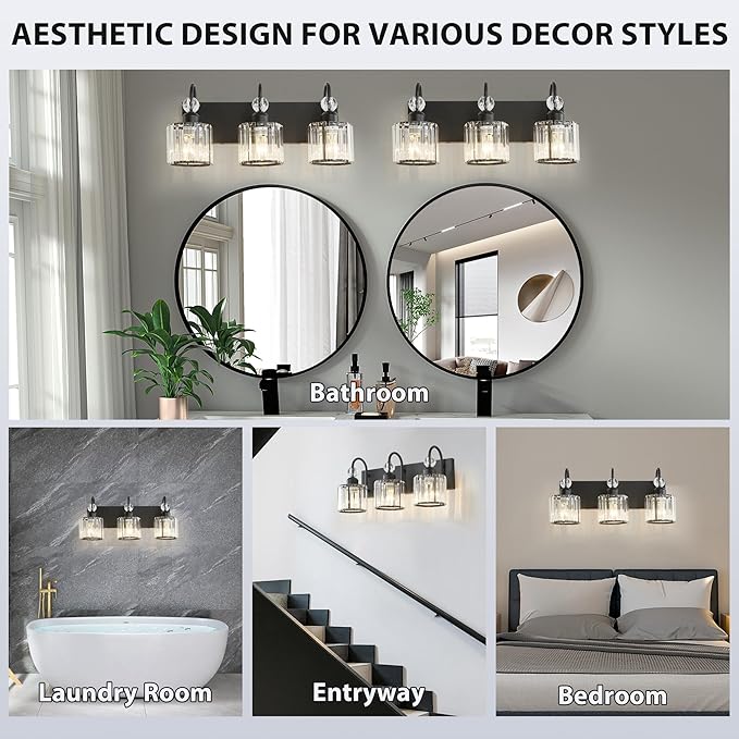 Bathroom Vanity Light Fixtures Over Mirror - Makeup Lighting Black - for Modern Wall, Bath, Desk, Farmhouse, Hallway (3 Crystal Lights)