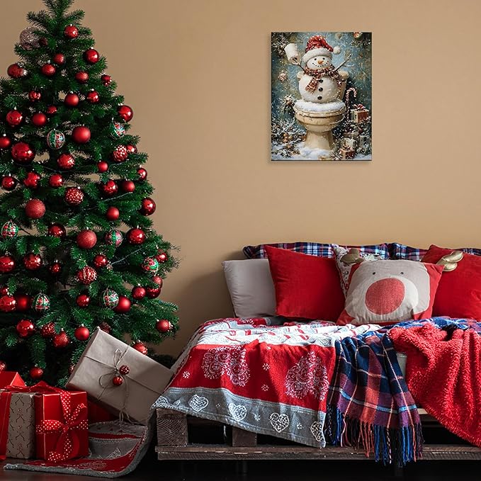 FITIE Funny Christmas Snowman Bathroom Canvas Wall Art Poster, Vintage Humor Holiday Winter Xmas Framed Artwork Prints Wall Decor for Bathroom Washroom Restroom Toilet, 11x14 Inch
