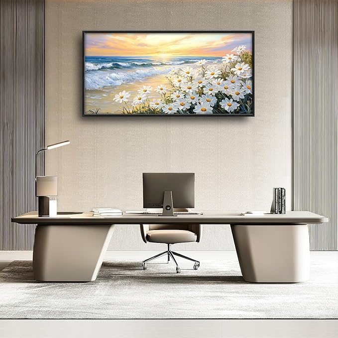 Large Beach Daisy Wall Art, Framed Coastal Beach Wall Decor for Living Room, Oversized Sunrise Canvas Painting Seascape Pictures Home Decoration for Living Room Bedroom Office 60"x30"