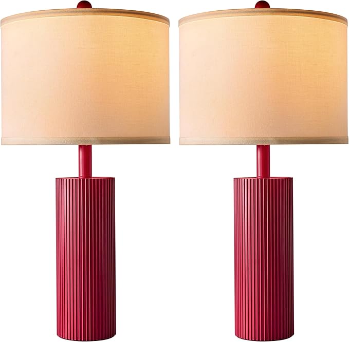 24.5" Red Touch Lamps Set of 2, Modern Living Room Table Lamps with USB C+A Ports, 2 Bulbs Included, Table Light Fixture for Nightstand, Creative Stripe Bedside Lighting