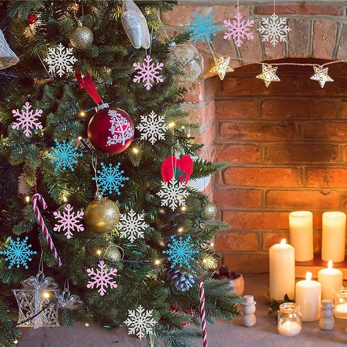 Winter Snowflake Hanging Ornaments Decors, Frozen Snowflakes Ceiling Streamers Sparkly Snow Decor for Christmas Birthday Winter Wonderland New Year, Glitter Pink Blue Sliver Snowflake Garland