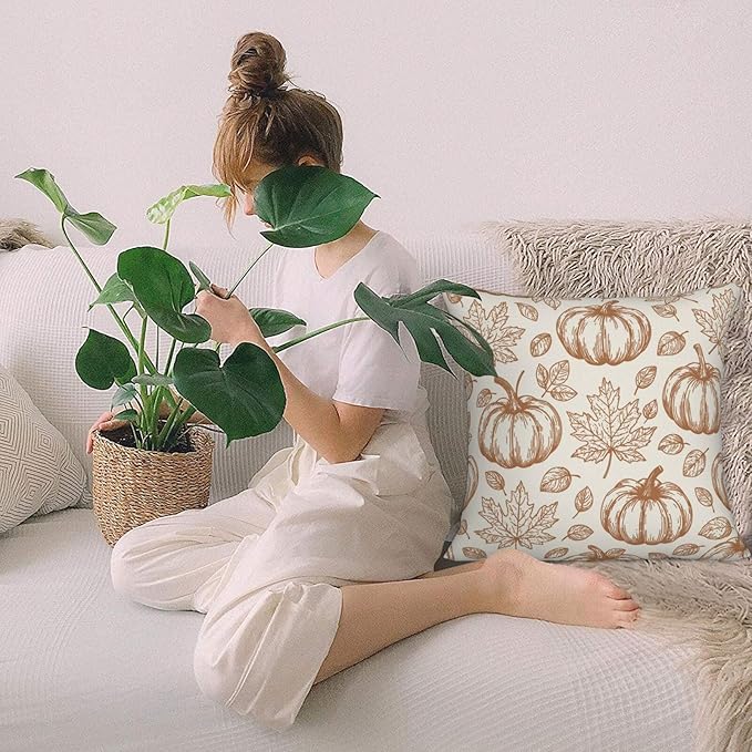 Fall Pumpkin Pillow Covers 18x18 inch Set of 2, Linen Autumn Outdoor Thanksgiving Harvest Fallen Leaves Rustic Farmhouse Decorations for Sofa Couch