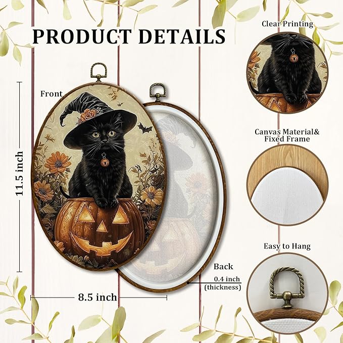 JQF Vintage Halloween Witchy Black Cat Oval Wall Art, Dark Academia Gothic Witch Pumpkin Oval Canvas Wall Art, Halloween Fall Framed Prints Hanging Decor for Home Bedroom Living Room, 8.5x11.5 Inch