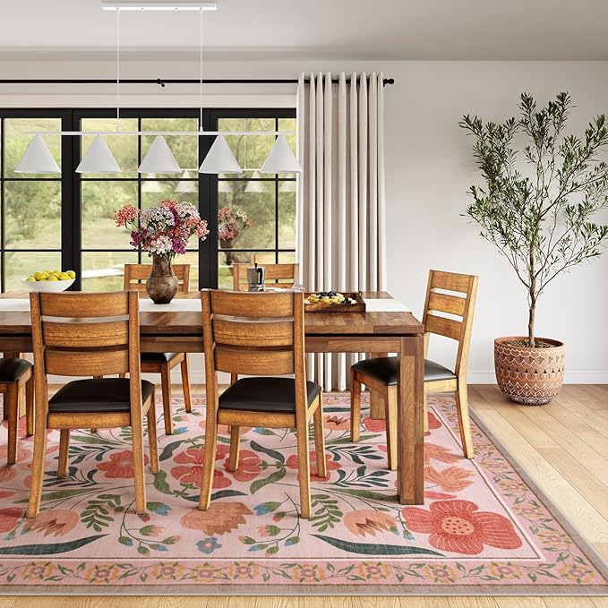 Beeiva 8x10 Living Room Rugs, Floral Washable Floor Rugs for Living Room with Low Pile, Flower Non Slip Non-Shedding Carpet for Dorm Nursery Kids Room Décor (Beige,8'x10)