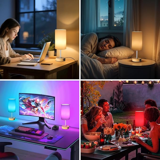 Unicozin Small Table Lamp, 3CCT & 7 RGB Color Changing, Dimmable Nightstand Lamp with Wood Grain Base, Touch Bedsides Lamp for Bedroom, Office, Kids Room, Nursery, Party, White Shade