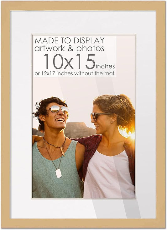 10x15 Frame Natural Wood with White Mat | 12x17 Frame Matted to 10x15 | Display Your Photo Under UV Acrylic Shatter Guard Front, with Foam Board Backing and Wall Hanging Hardware - Gallery Frame