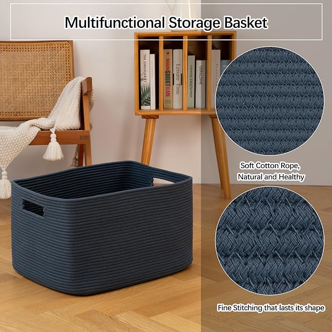 OIAHOMY 75L Large Blanket Basket, Woven Storage Basket with Handle, Cotton Rope Basket 22”x17”x12”,Blanket Basket Living Room, Toy Basket for Nursery, Blue
