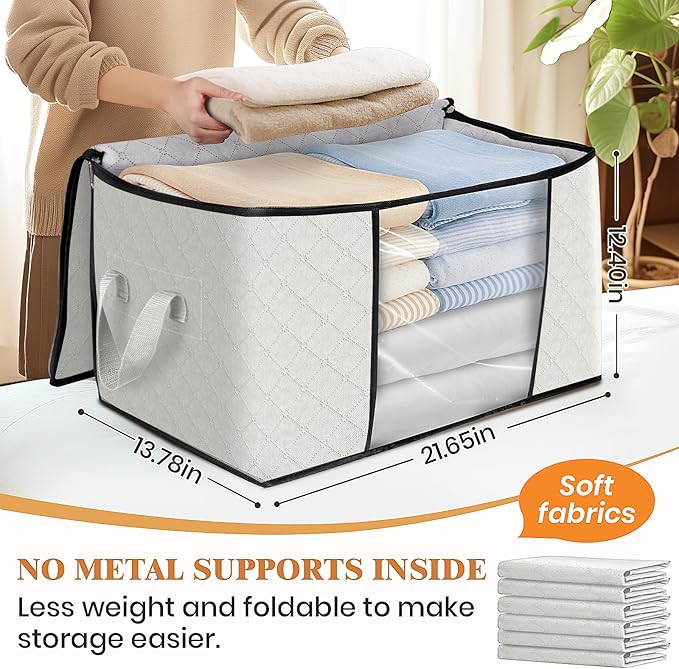 Fab totes 4 Pack Clothes Storage, Foldable Thick Fabric Blanket Storage Bags, Containers for Organizing Bedroom, Closet, Clothing, Comforter,Organization with Handle,Ivory White