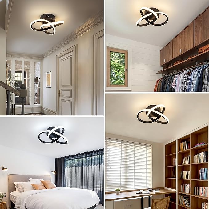 10 Inch Modern Ceiling Light, 24W LED Dimmable Ceiling Light with Remote Control, 3000-6000K Color Temperature Adjustable, Balck Small Chandelier for Bedroom, Entryway, Hallway, Kitchen