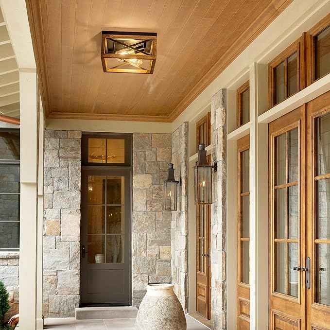 Flush Mount Ceiling Light Fixture for Kitchen Hallway, 2-Light Close to Ceiling Light with Black Metal and Wood Design, Rustic Farmhouse Ceiling (Bulb not Included)